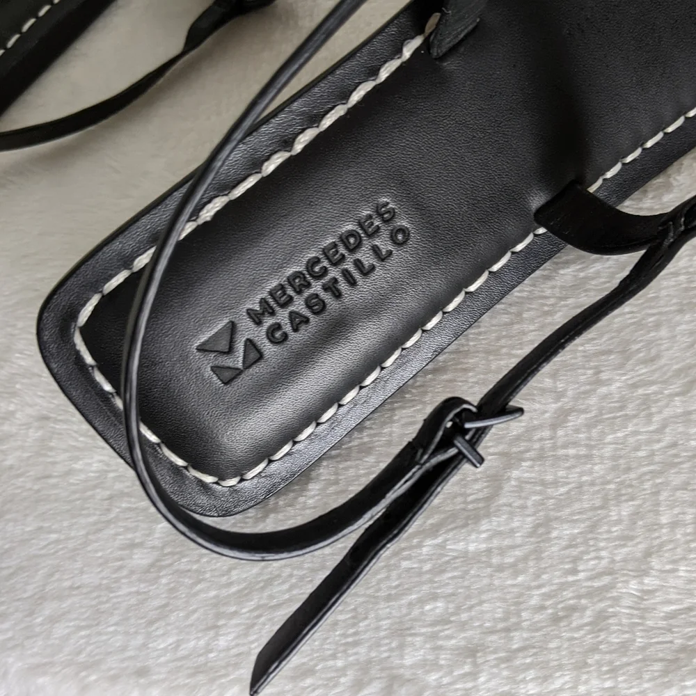 Mercedes Castillo Leather T-Strap Thong Sandal Flat Black Silver EU40 10 NWOB - Picture 11 of 15